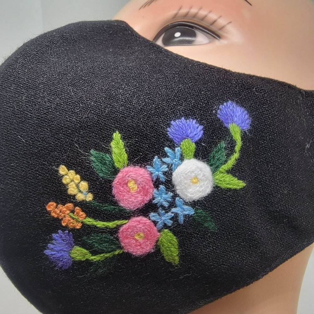 New Face cover ear loop black Mask Women's Embroidered handmade roses flowers